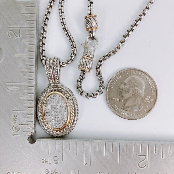 Vintage Signed Two Tone Necklace Pavé Crystal Oval Pendant Box Chain Sparkling - Picture 9 of 14